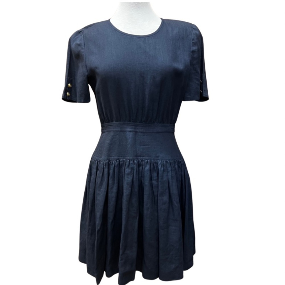 Valentino Navy Short-Sleeve Gathered-Waist Midi Dress with Gold Buttons
